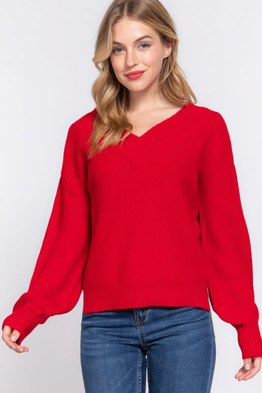 Long Slv Double V-neck Sweater