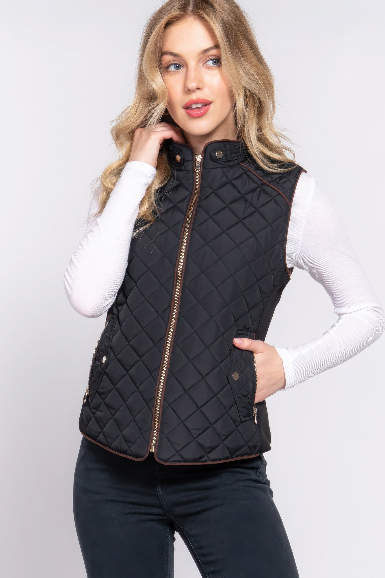 Suede Piping Quilted Padding Vest