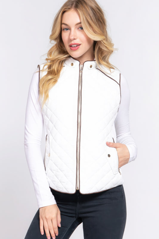 Suede Piping Quilted Padding Vest