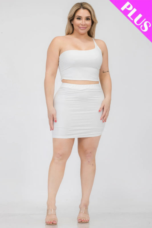 Plus Size One Shoulder Ruched Crop Top & Mini Skirt Set