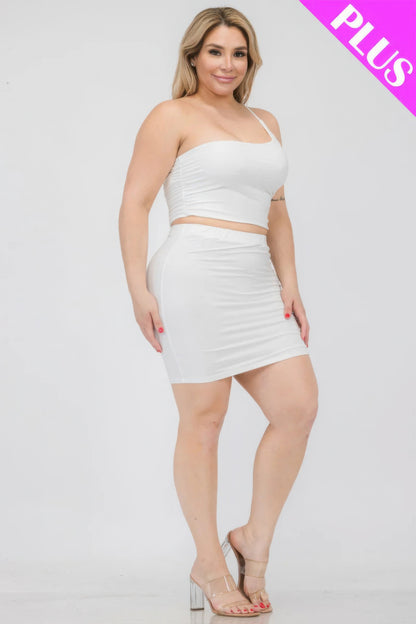 Plus Size One Shoulder Ruched Crop Top & Mini Skirt Set