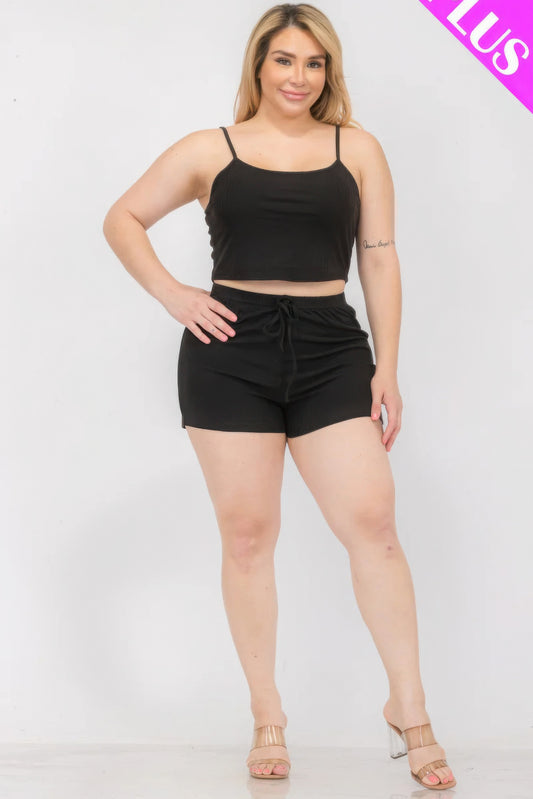 Plus Size Solid Ribbed Cami Top And Shorts Set