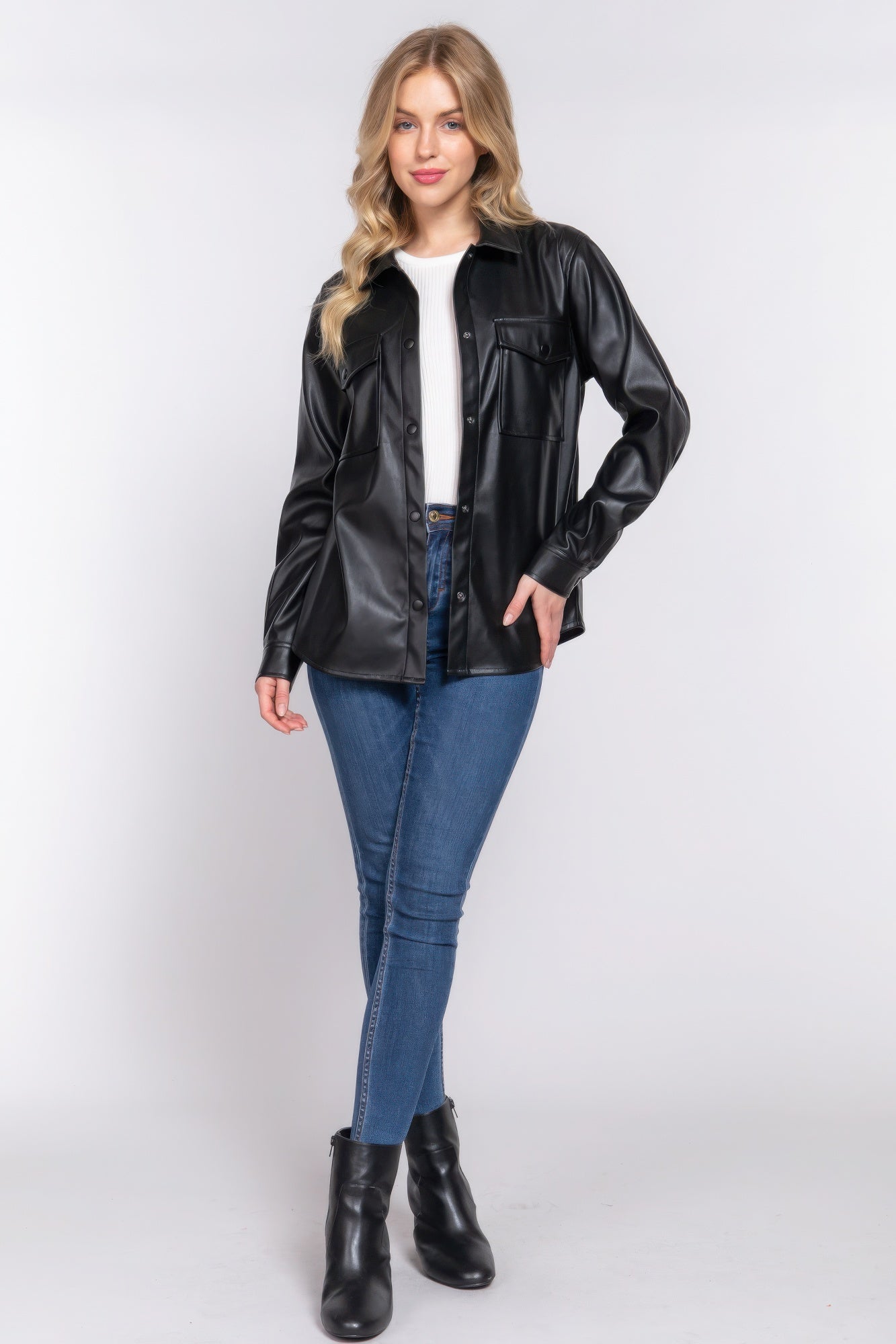 Long Slv Faux Leather Shacket