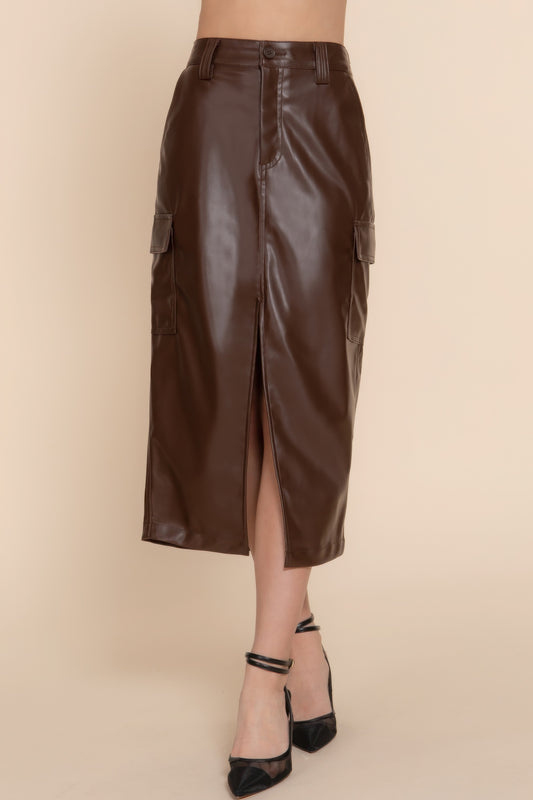 Faux Leather Midi Cargo Skirt