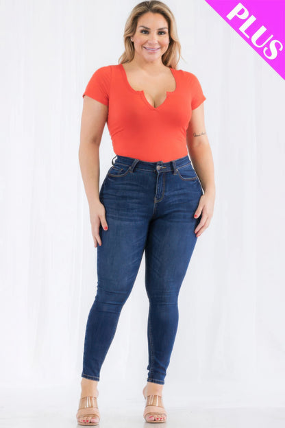 Plus Size Casual Split Neck Solid Short Sleeve Bodysuit