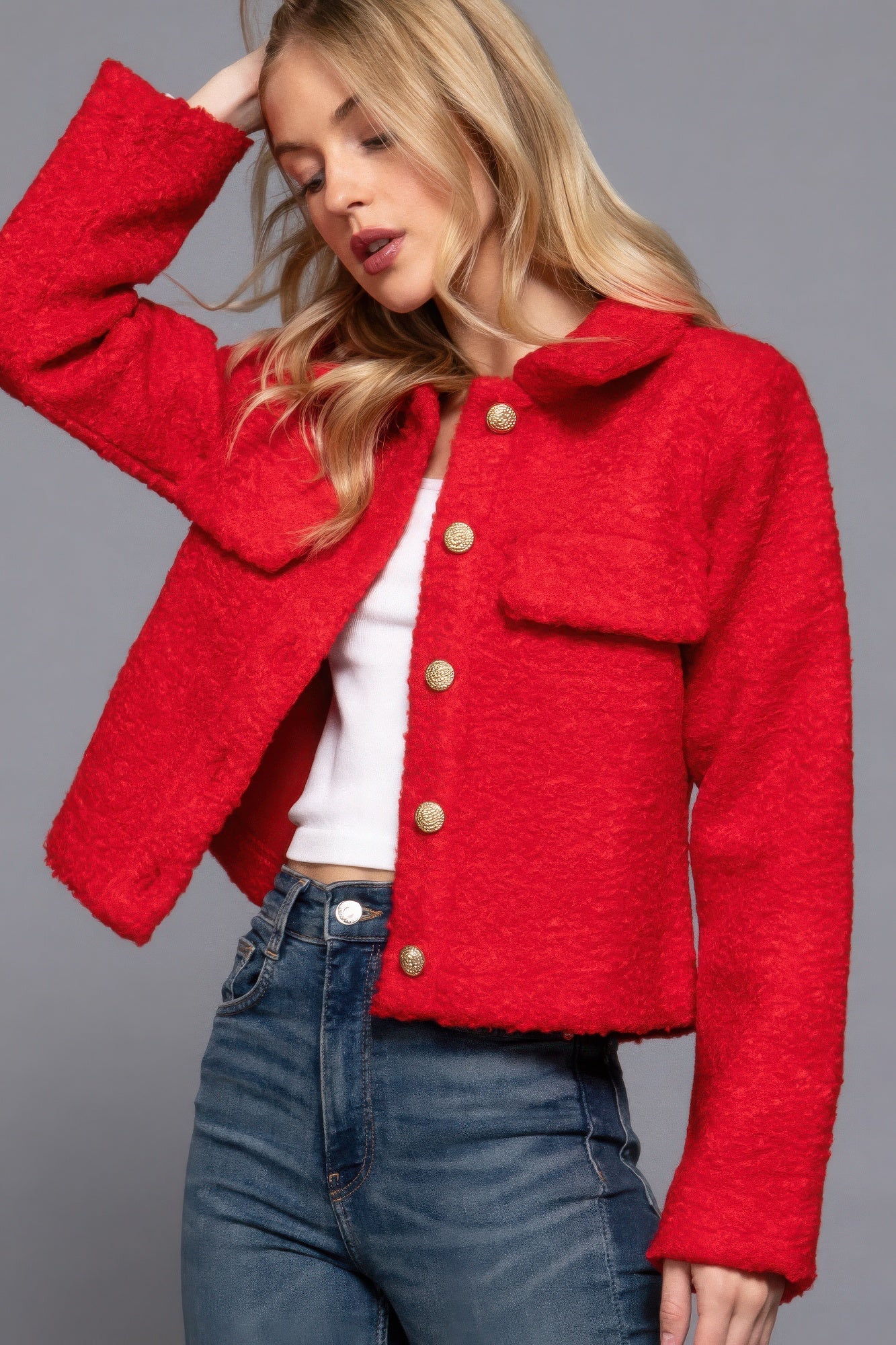 Long Slv Teddy Fleece Short Jacket