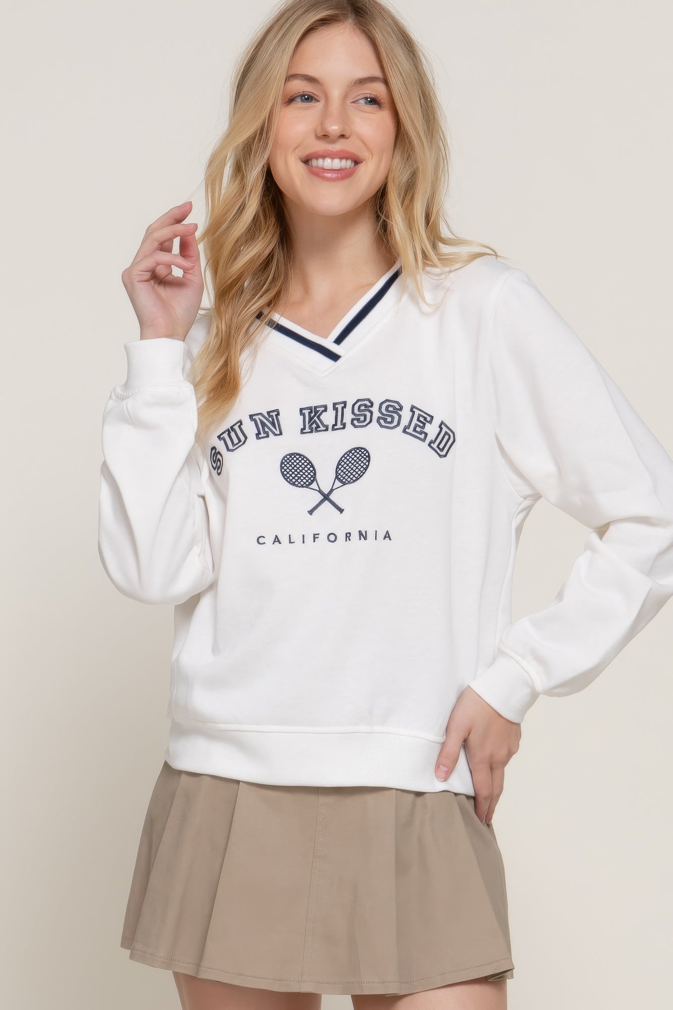 Long slv v-neck embroidered sweatshirt