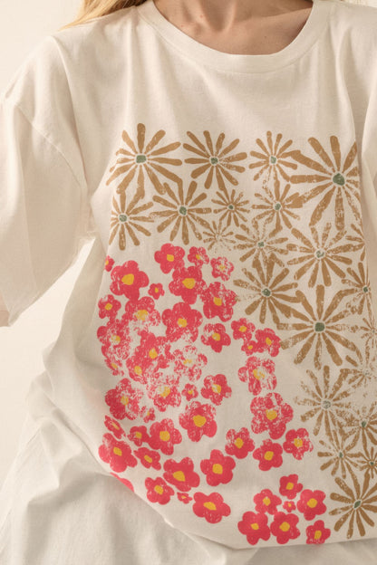 Duo flowers vintage-wash oversized graphic tee