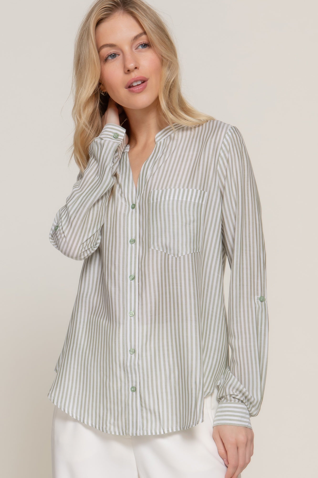 Long Slv Split Round Neck Stripe Woven Shirt