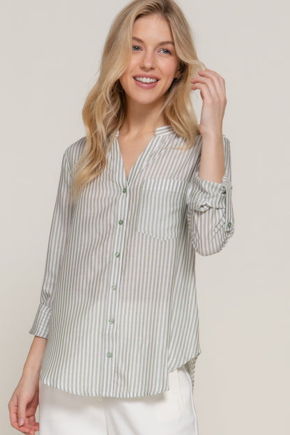 Long Slv Split Round Neck Stripe Woven Shirt