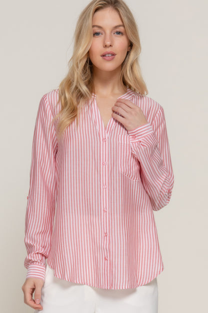 Long Slv Split Round Neck Stripe Woven Shirt