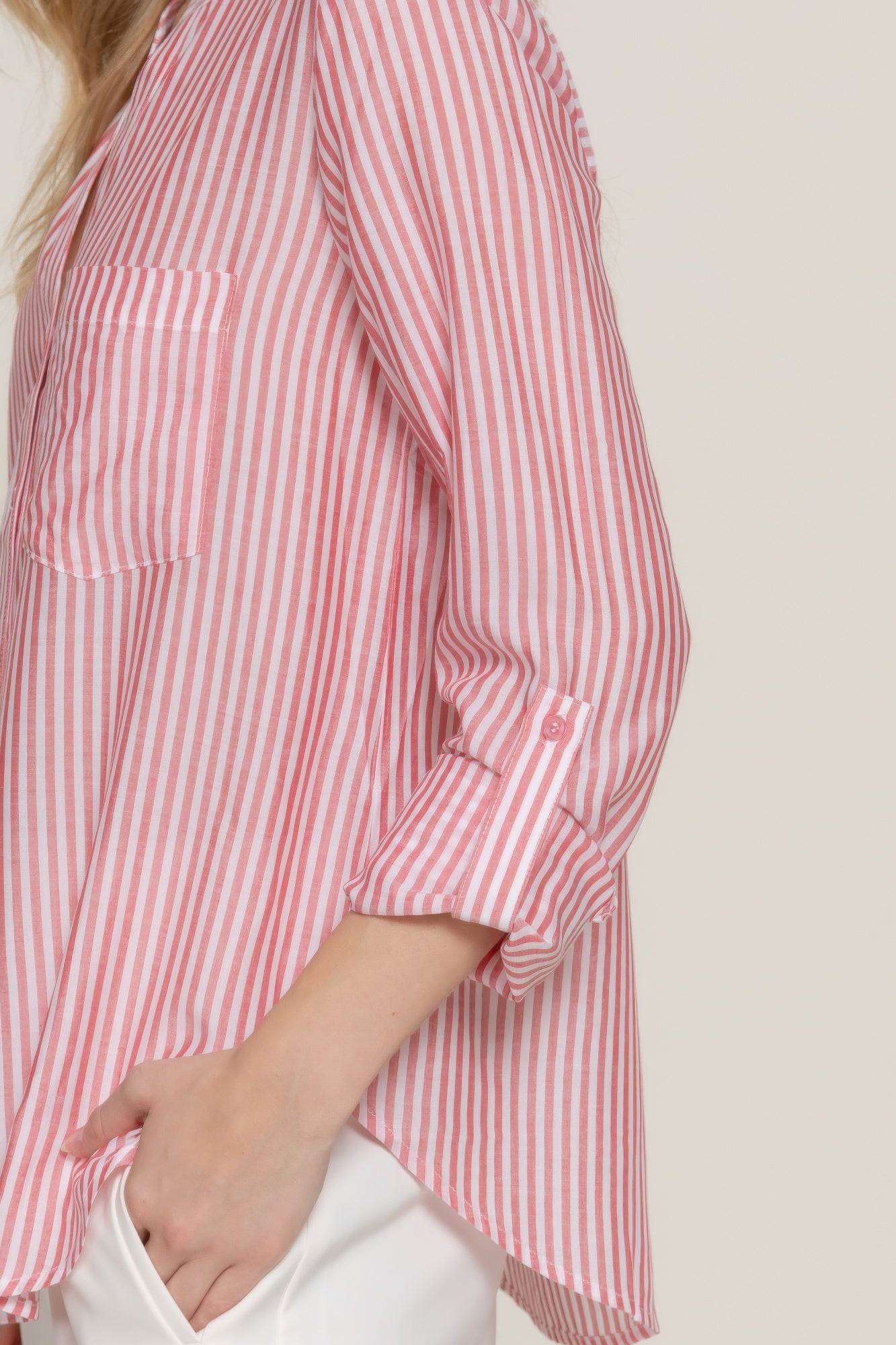 Long Slv Split Round Neck Stripe Woven Shirt