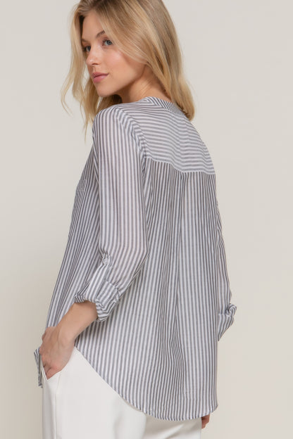 Long Slv Split Round Neck Stripe Woven Shirt