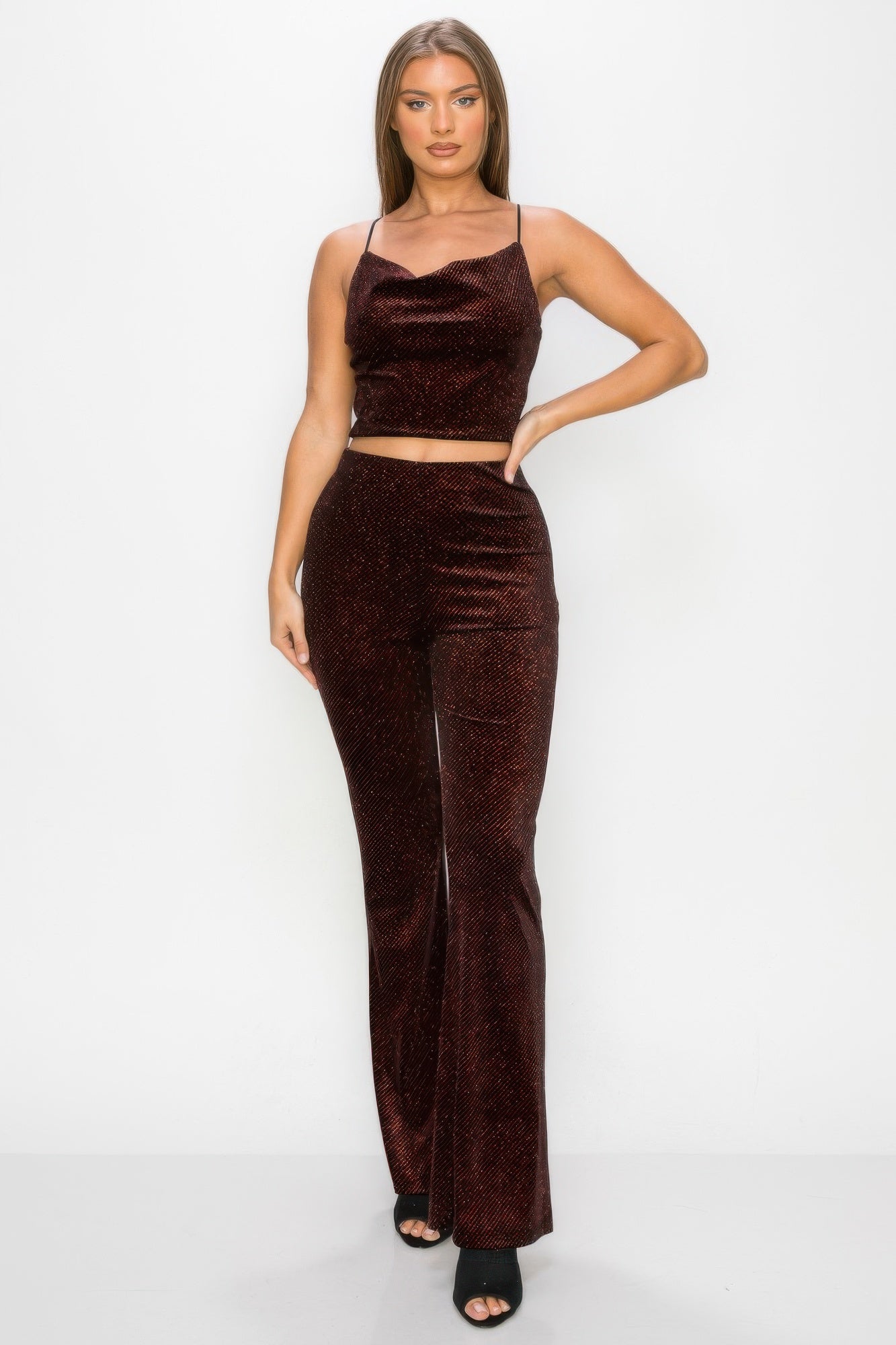 Glittery Flare High-rise Elastic Pants