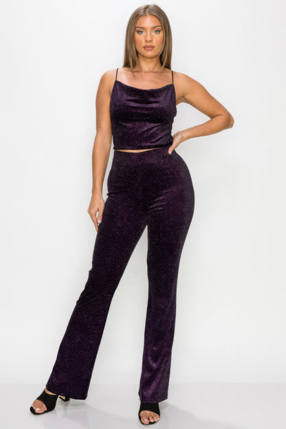 Glittery Flare High-rise Elastic Pants