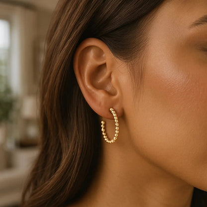14K Yellow Gold Bead Hoop Earrings(2x23.4mm)