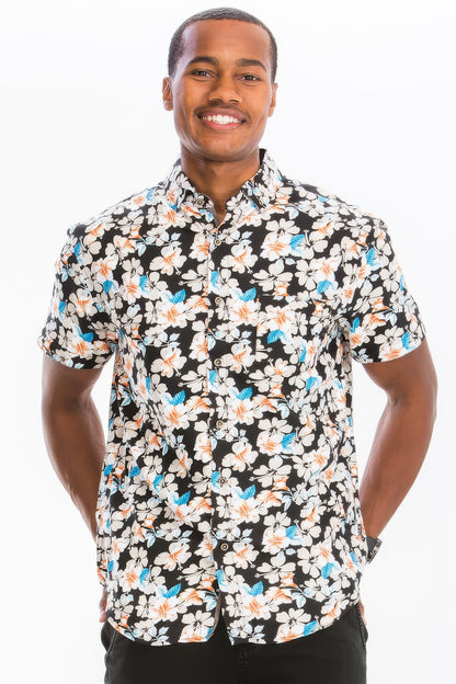 Mens Print Hawaiian Button Down Shirt